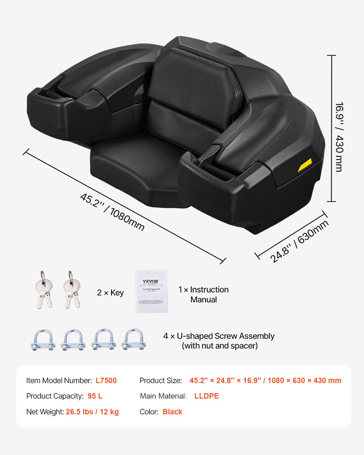 VEVOR Caja de Almacenamiento Trasera y Tumbona para ATV, 95 L, con Asiento y Respaldo, con Cerradura y LLDPE Impermeable, Compatible con Vehículos ATV, UTV y Can-Am, 1080 x 630 x 430 mm, Negro