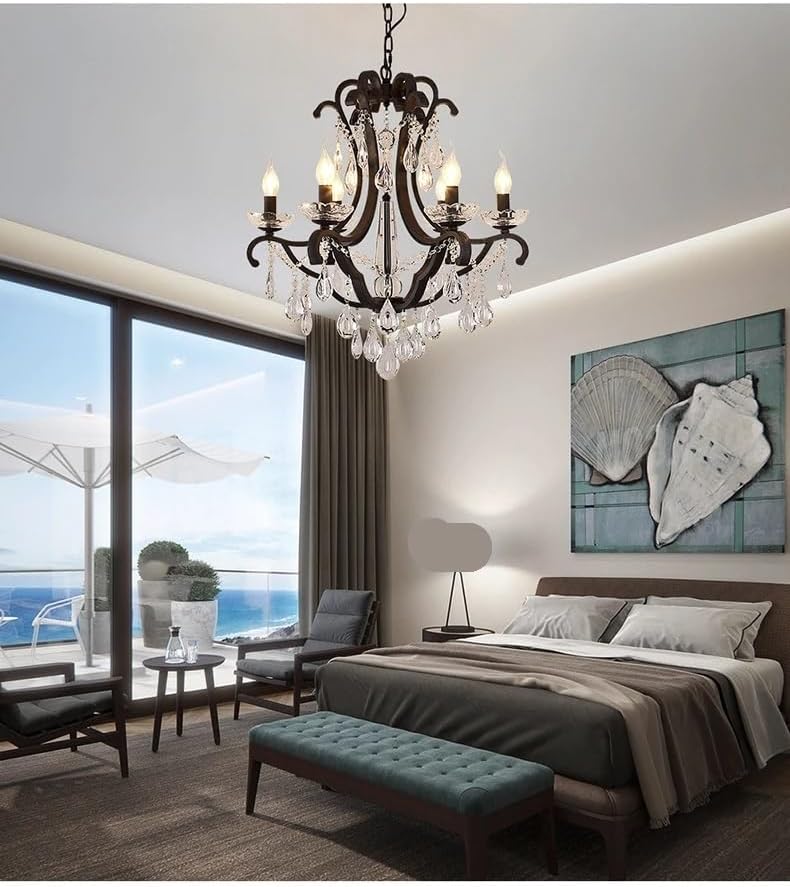 Rustic Iron Crystal Chandelier for Farmhouse Living Room Dining Kitchen Matte Black Led Candle Ceiling Pendant Lighting Fixture,Indoor Illumination