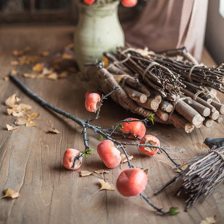 Rustic Reach Lifelike Artificial Persimmon Fruit Branches | Decorative Fake Plant Twig Stem with Artificial Fruit | Indoor Home Decor Fake Tree Branch - 43" Tall (1 Stem)