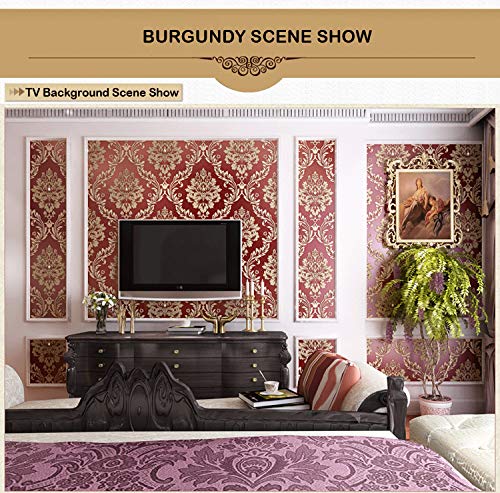 10X0.53M 3D 7 Colors Shiny Crystals European Gold Damask Flock Textured Non-Woven Wallpaper Roll for Bedroom Livingroom 1.73' W x 32.8' L=5.3㎡ (57sq.ft) (Burgundy) - Image 2