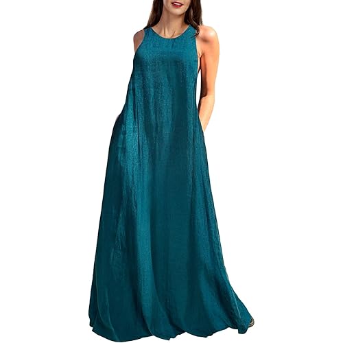 Rainday Women's Linen Dress Sleeveness Loose Dresses Casual Maxi Dress with Pockets