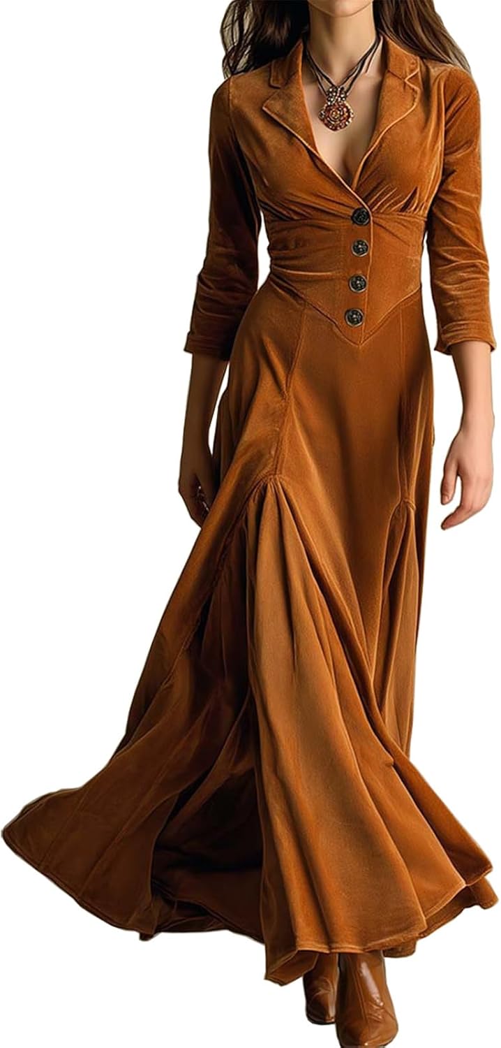 Women's Vintage Western Maxi Velvet Dress Semi Formal Elegant Crop Sleeve Ruched Slim Prom Long Dress