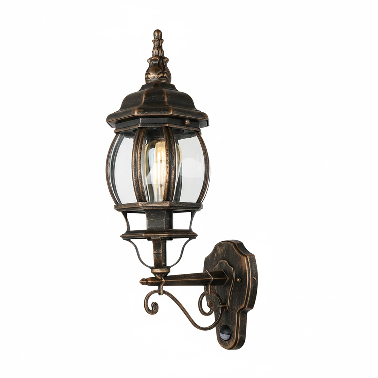 Licht-Erlebnisse Außenlaterne Wand mit Bewegungsmelder H: 54 cm IP23 in Kupfer Antik E27 Rustikal Glas Aluminium Wandleuchte außen Laterne Terrassenlampe