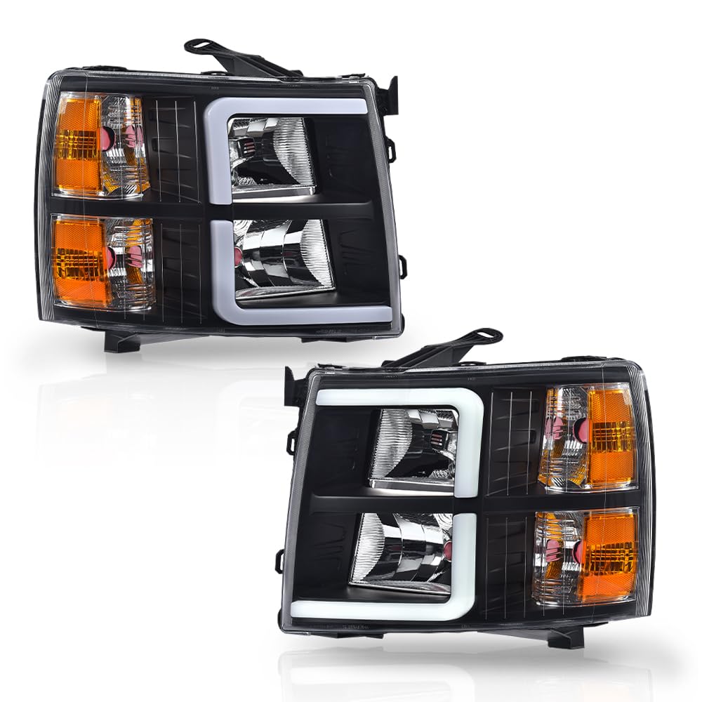GRAND ORANGE LED DRL Tube Projector Headlights Assembly w/o Bulbs Compatible with Chevy Silverado 1500 2007-2013/Fit Silverado 2500 HD 3500 HD 2007-2014 Clear Lens Black Housing Amber Reflector
