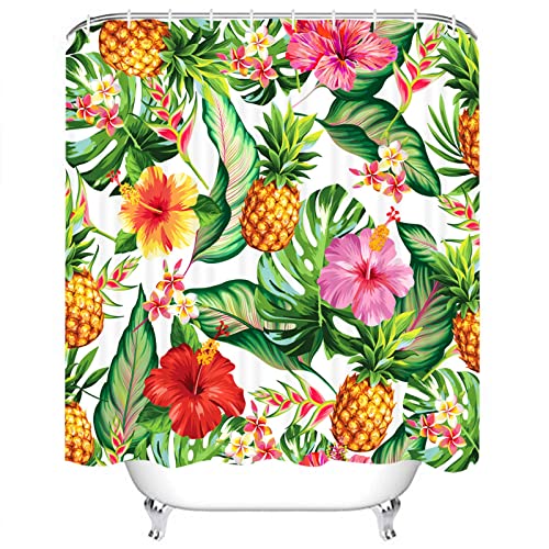 Summer Tropical Shower Curtain, Pineapple Palm Leaves Floral Shower Curtain, Green Botanical Shower Curtain For Bathroom, Waterproof Washable Shower Curtain Set 12 Hooks Included - 72 X 72 Inch #TOP1