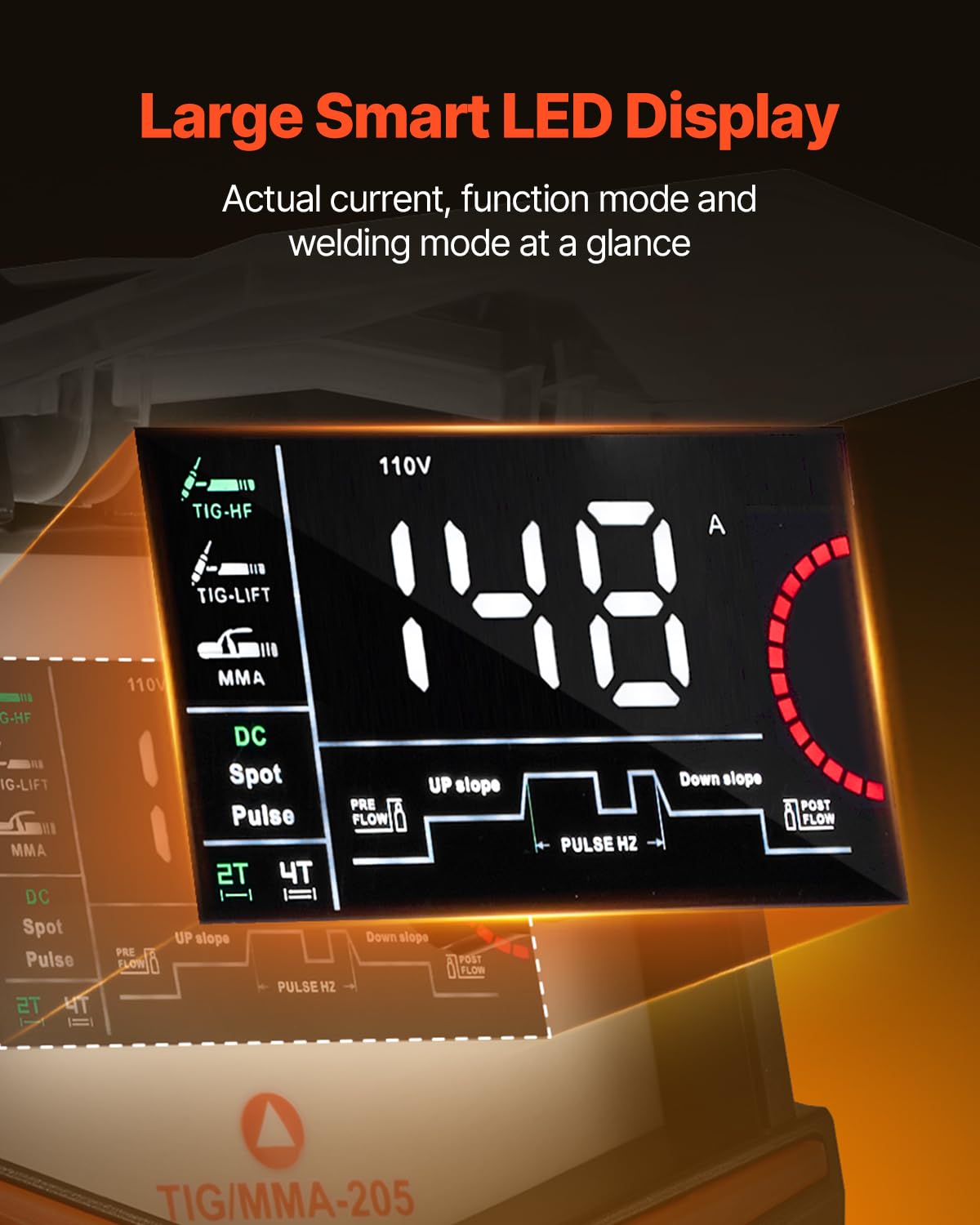 VEVOR Máquina de Soldar TIG 3 en 1 de 205 A, Pantalla LED Grande, Máquina de Soldadura TIG con Inversor IGBT y Arranque de Alta Frecuencia, TIG CC/TIG Pulsado CC/MMA, Varilla, 388 x 160 x 310 mm