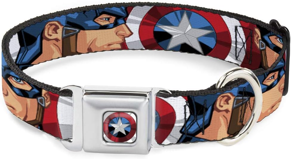 Dog Collar Seatbelt Buckle Captain America Face Turns Shield Close Up 18 to 32 Inches 1.5 Inch Wide
