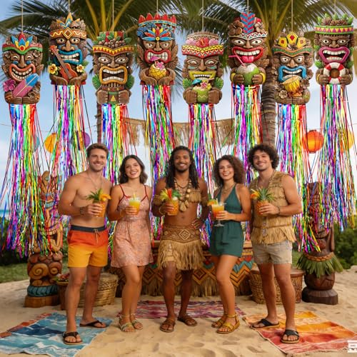 Image of Affrolling 8 Pcs Tiki Party Decorations Hawaiian Luau Party Decoration Tiki Totem Hanging Decorations with Tassels for Aloha Hawaii Luau Tropical Summer Themed Supplies 3.3 ft Outdoor Summer Decor