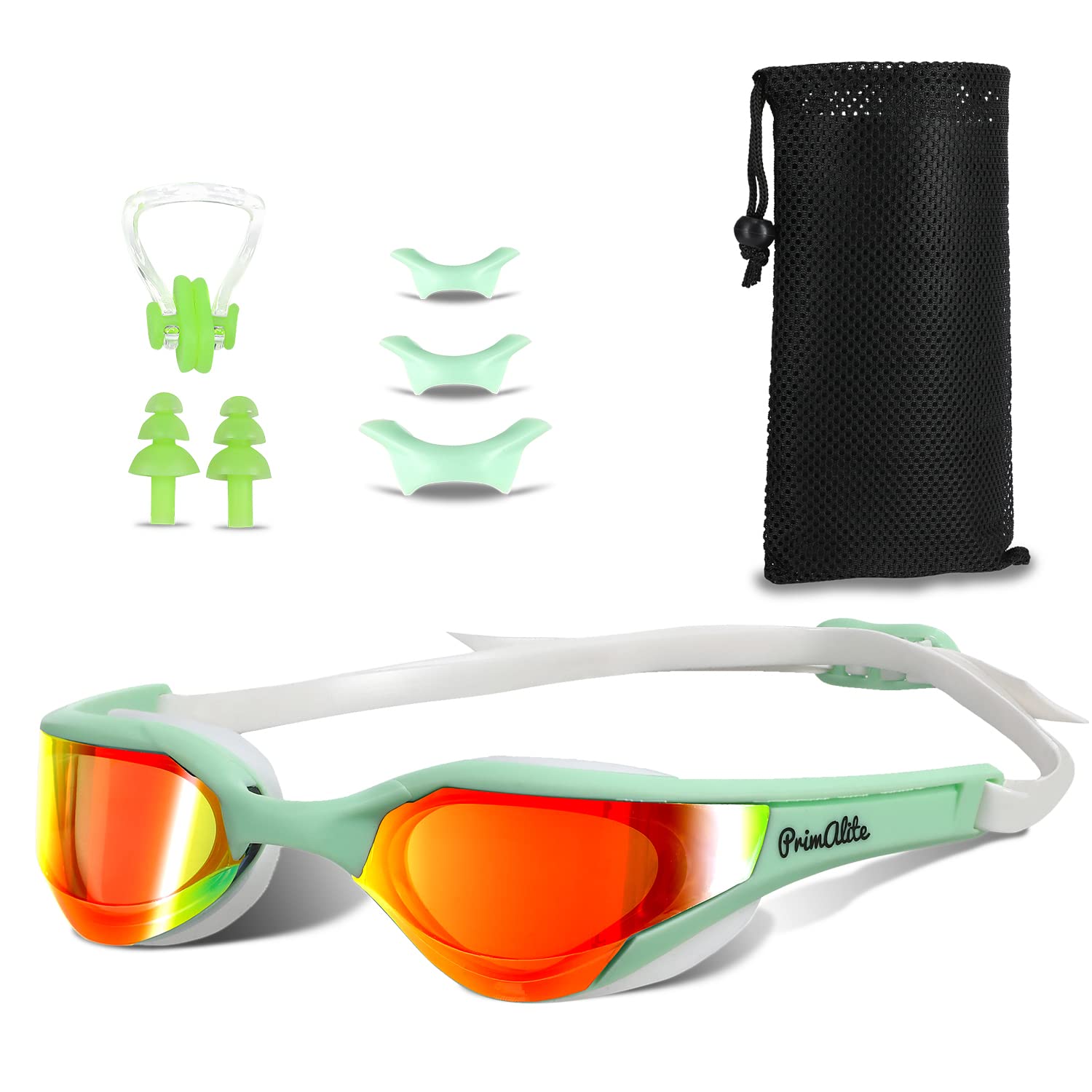 Swimming Goggles Mirrored- 3 Sizes Replaceable Nose Bridge | Anti-Fog, UV Protection for Adults Men Women- Free Nose Clip, Ear Plugs, Mesh Bag- No Leaking, Adjustable Strap, Wide View- Green