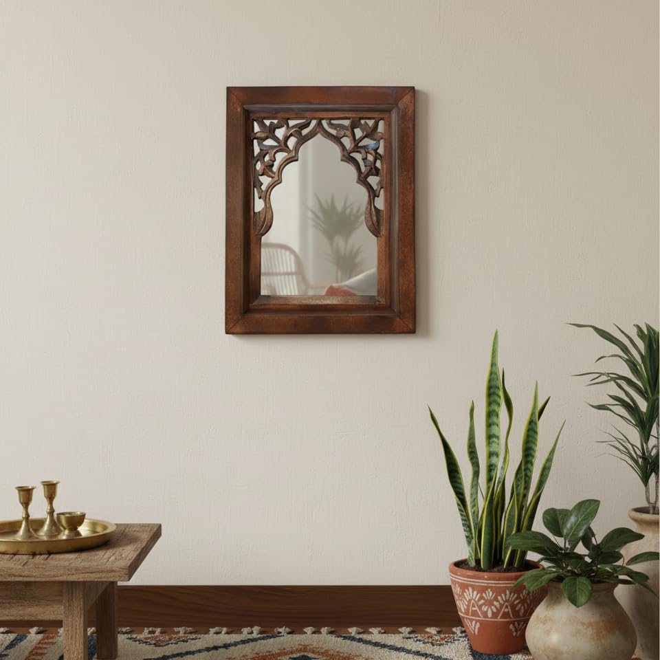H D Furnishing Antique Black Hand Carved Wooden Jharokha Wall Mirror Frame – 12 x 9 Inch | Traditional Arch Design Wall Hanging Mirror for Living Room, Bedroom & Home Décor-picture-25