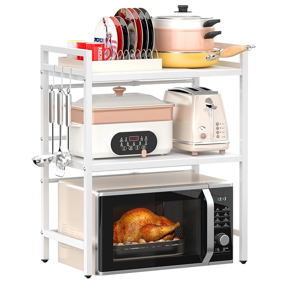 Rainbow Tree 3-Tier Expandable Microwave Oven Rack Countertop for Kitchen, Microwave Shelf Stand Metal with 6 Hooks, Baker Rack, Adjustable Kitchen Shelf Organizer White(White, 3-Tier) — image 1