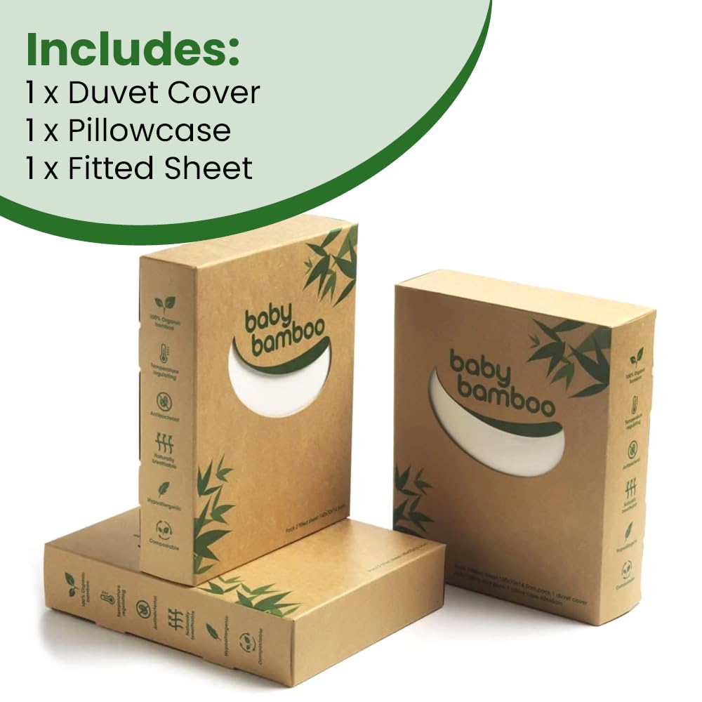 Paragon Microfibre 100% Bamboo Baby Bedding Set, 3 Piece Cot Set Includes Duvet Cover, Pillowcase & Fitted Sheet, Organic - Image 2