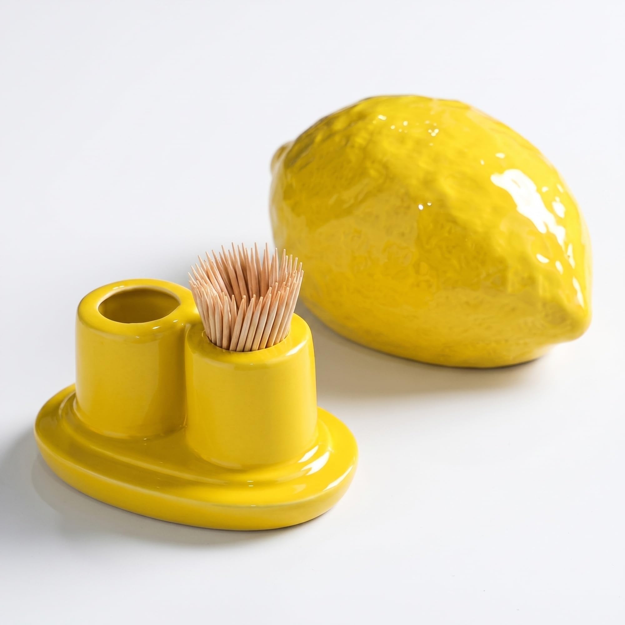 Zervon Lemon Ceramic Toothpick Holder With Lid, Cotton Swab Dispenser