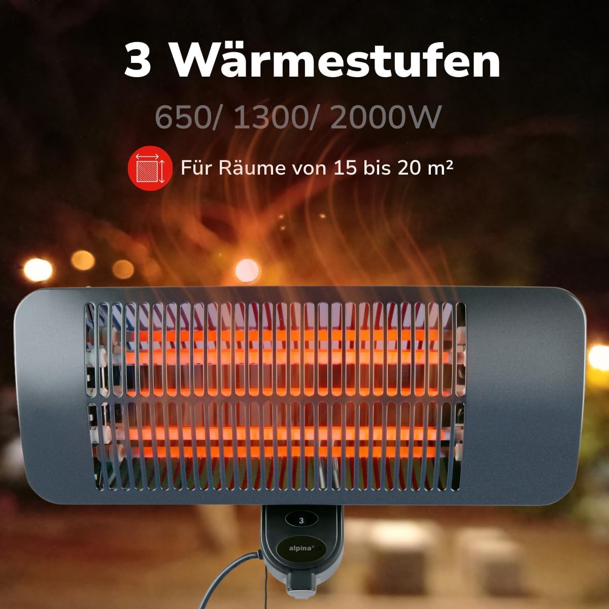 alpina Wiszący promiennik podczerwieni na taras, 2000 W, 3 stopnie ogrzewania, odporny na zachlapanie wodą grzejną, IP34 z lampą na podczerwień, ogrzewanie tarasowe