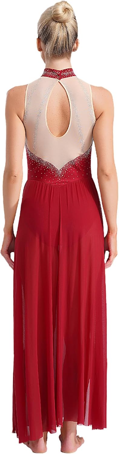 Women Lyrical Dance Costumes Keyhole Back Flowy Skirt Rhinestones Split Maxi Dress Modern Dancewear