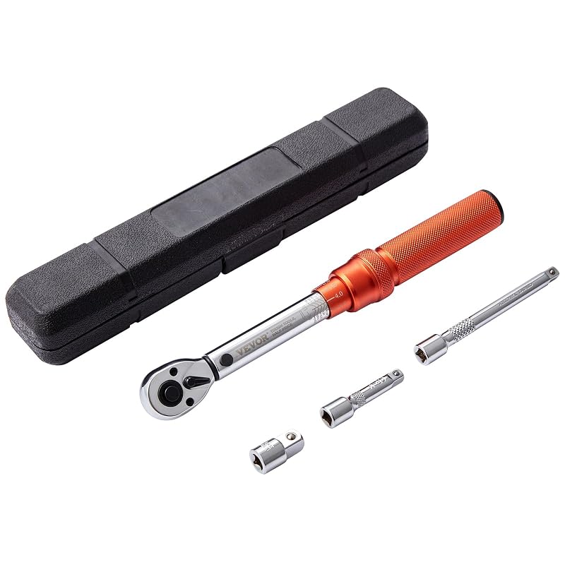 Chave de torque mecânica VEVOR com acionamento de 6,35 mm (1/4 pol.), escala dupla de 2,3 a 23 N·m, ajustável nos dois sentidos com adaptadores e extensões, kit com 4 peças