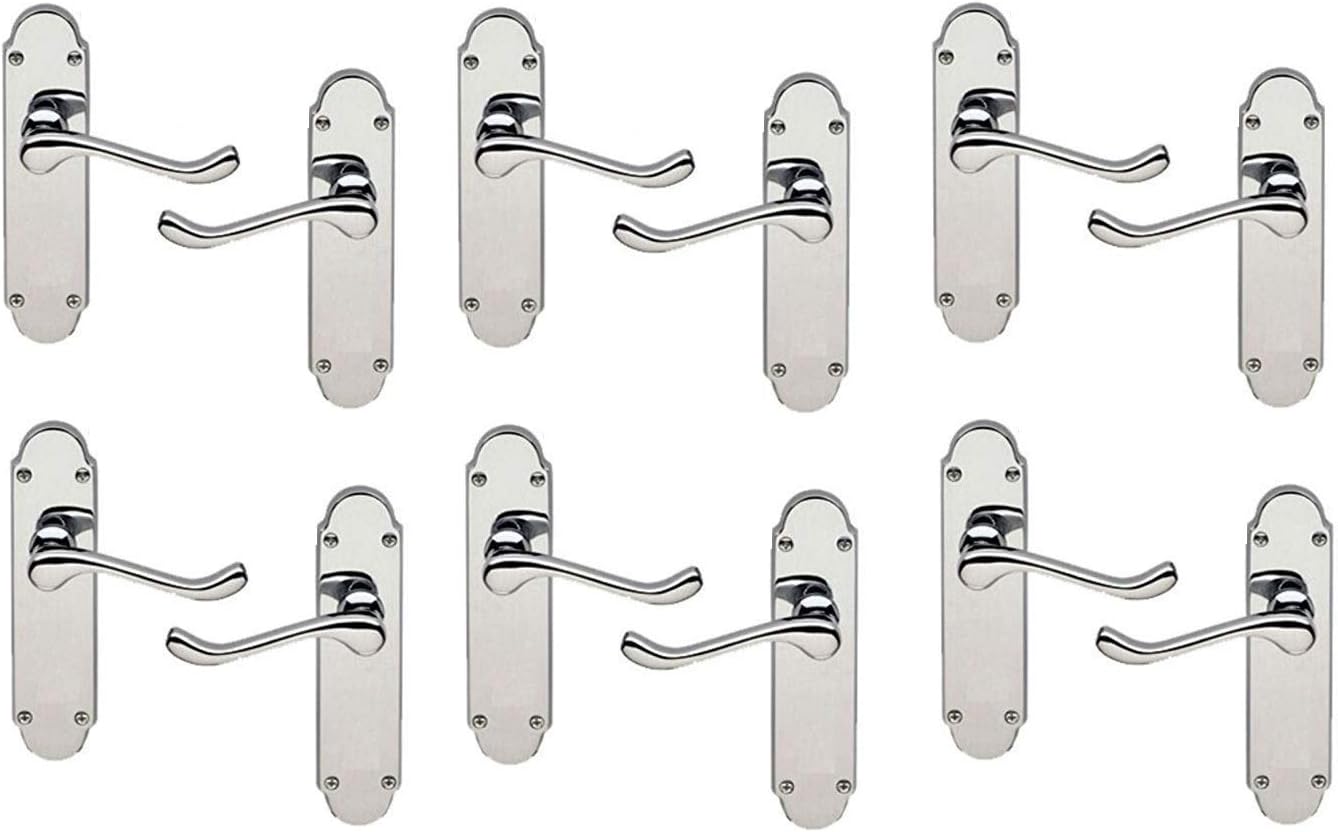 Golden Grace Victorian Scroll Premium Door Handles on Shaped Backplate Lever Latch in Polished Chrome Finish, Epsom Design, 6 Pairs