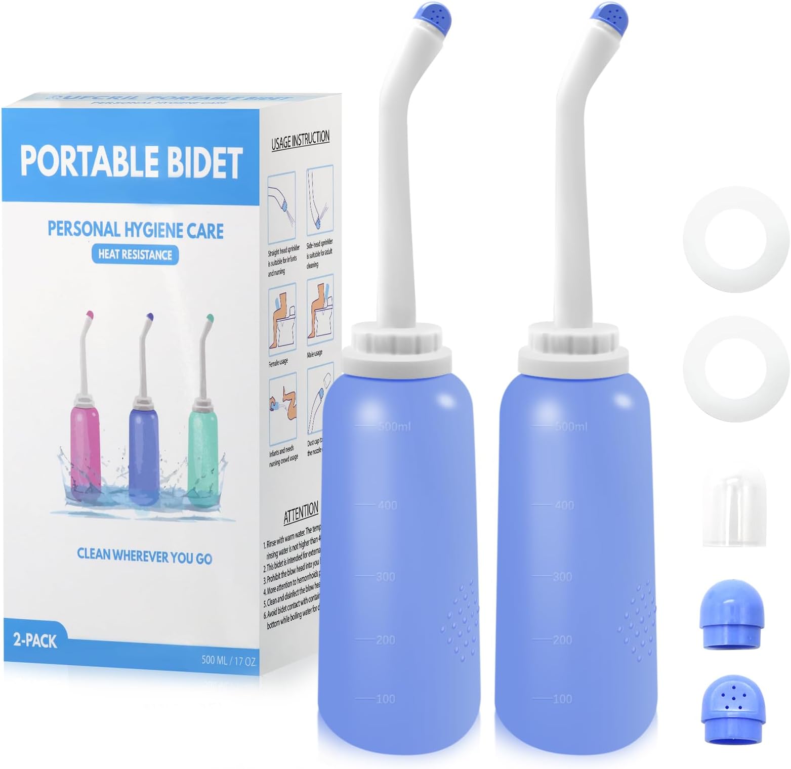 RUFCRIL Portable Travel Bidet with Carry Bag, TPE Material Can Be Boiled, 500ml Capacity with 2 Sealing Rings for Postpartum Perineal Care,Hemorrhoid Treatment(Pack of 2)