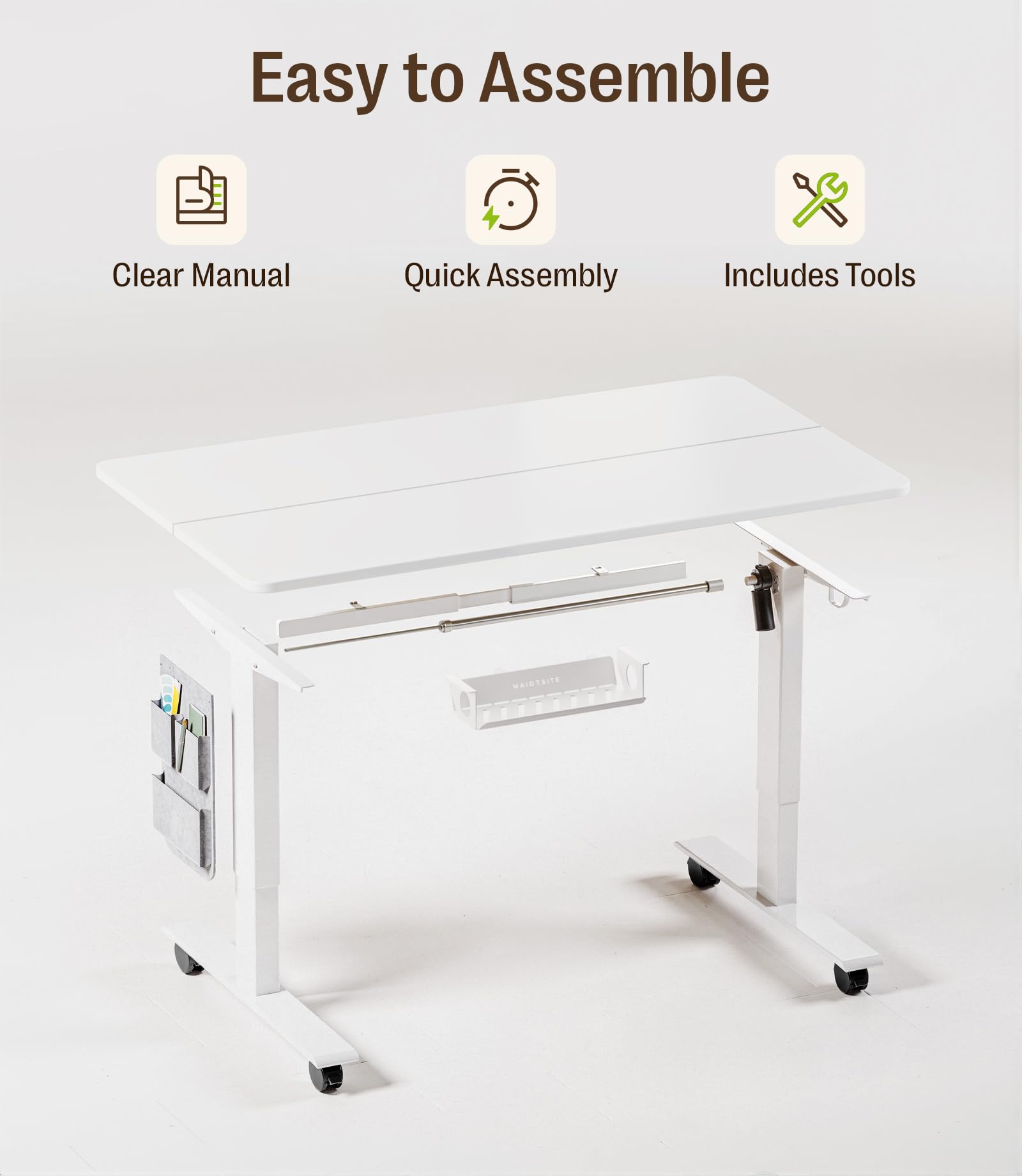 MAIDeSITe Mesa Elevadora Eléctrica de Altura Ajustable, 120 x 60 cm Mesa de Pie y Sentado con Bandeja para Cables, Gancho y Bolsillos de Almacenamiento, Mesa Elevadora con Controlador de Memoria