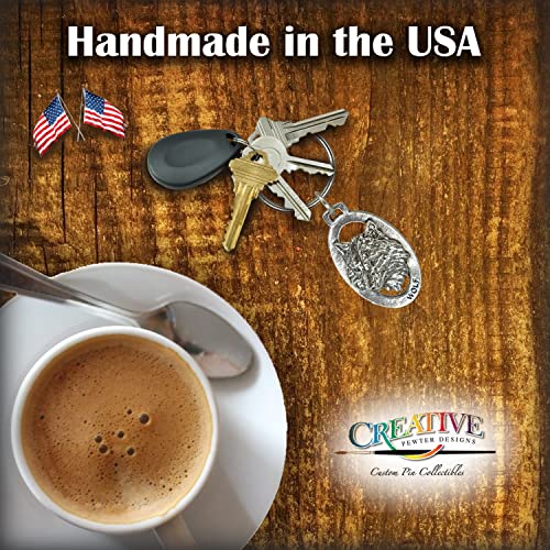 Wolf Keychain, Pewter, M041KC, 2”, 100% Handmade in the USA, Wolf Head Keychain, Canis lupus Key Chain, Key Ring, Key Fob, Wolf Gift, 200 Mammal Designs Available.3