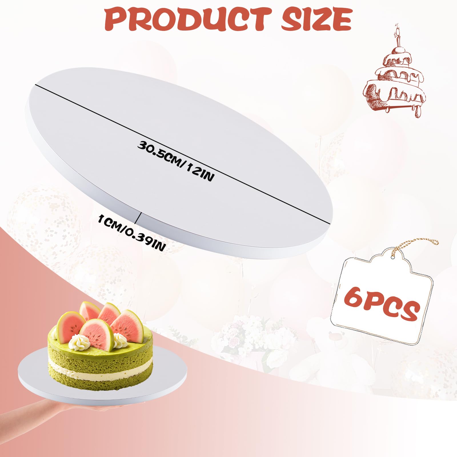 6 Piezas Base para Tartas, Tablero de Pastel Redondo Base 30 cm x 12 mm Blanco Cake Board Reutilizable, para Pasteles y Postres
