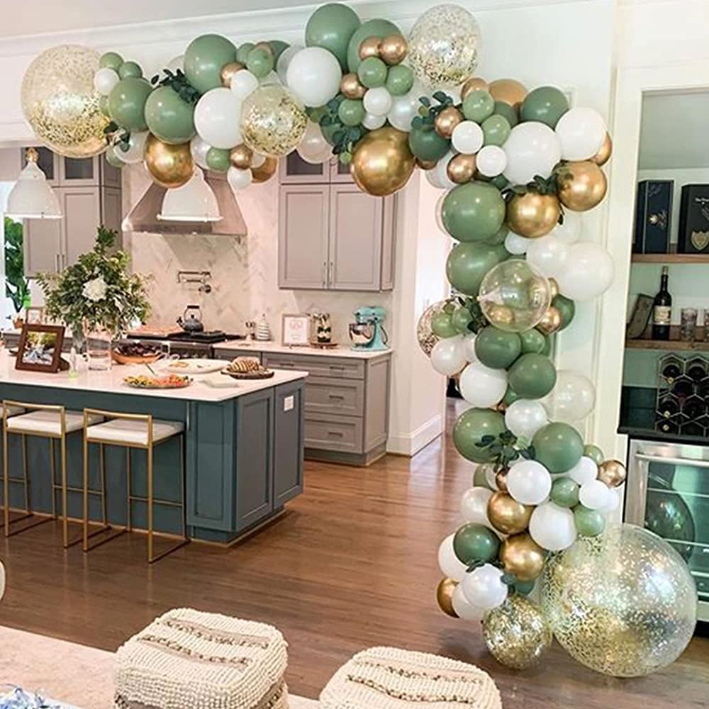 Balloon Garland Kit Olive Green Set Party Decorations White Gold Confetti Balloons Retro Green Balloon and Gold Metallic Chrome Latex Balloons Set for Wedding Birthday Balloons Baby Shower Decorations
