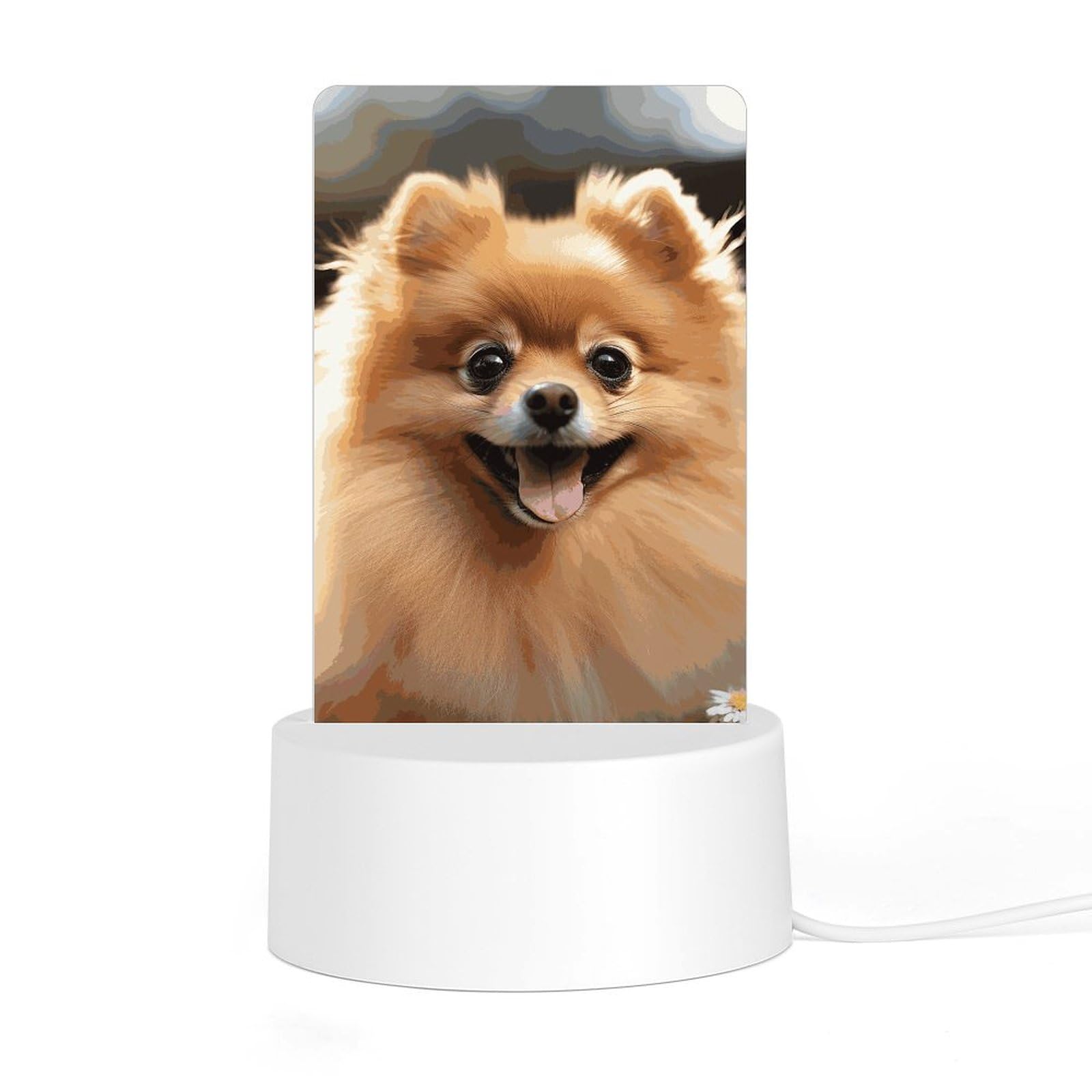 JTREHY Acrylic Night Light with Base Pomeranian Dog Print Desktop Night Light LED Bedside Night Light for Bedroom Bathroom Hallway Holiday Gift