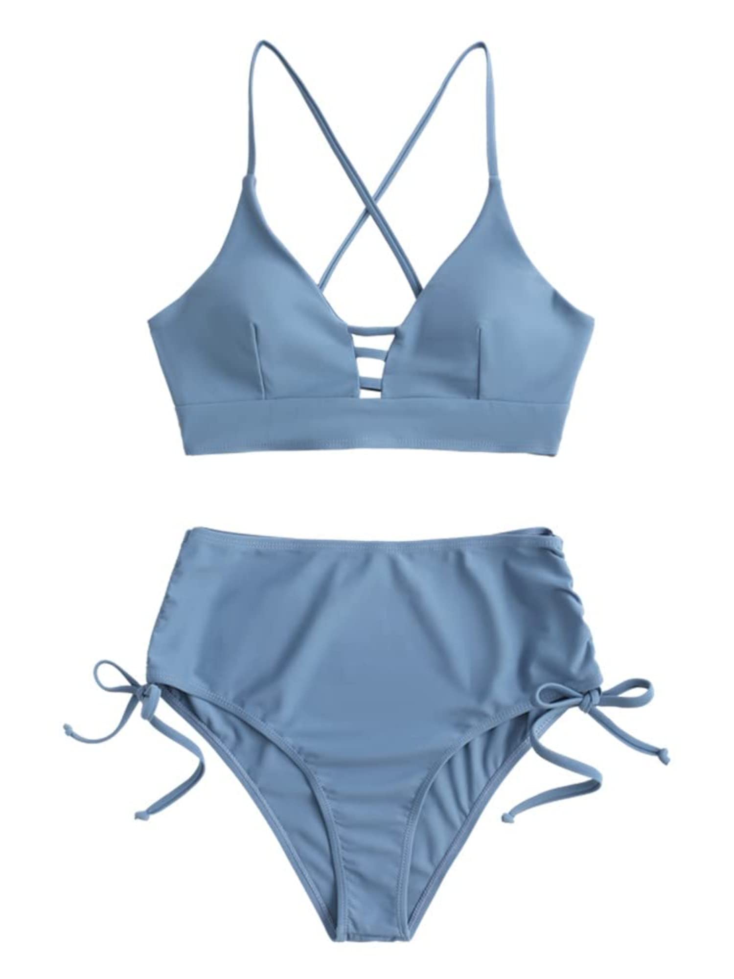 ZAFUL Women's Criss Cross High Waisted Bikini Cinched Tie Two Piece Tankini Solid Padded Swimsuit Light Blue M