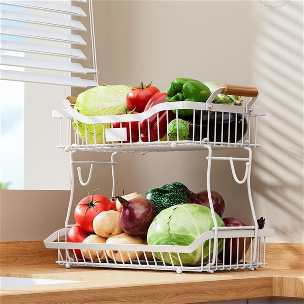 Cesta de frutas de metal de 2 niveles, organizador de encimera y estante vertical
