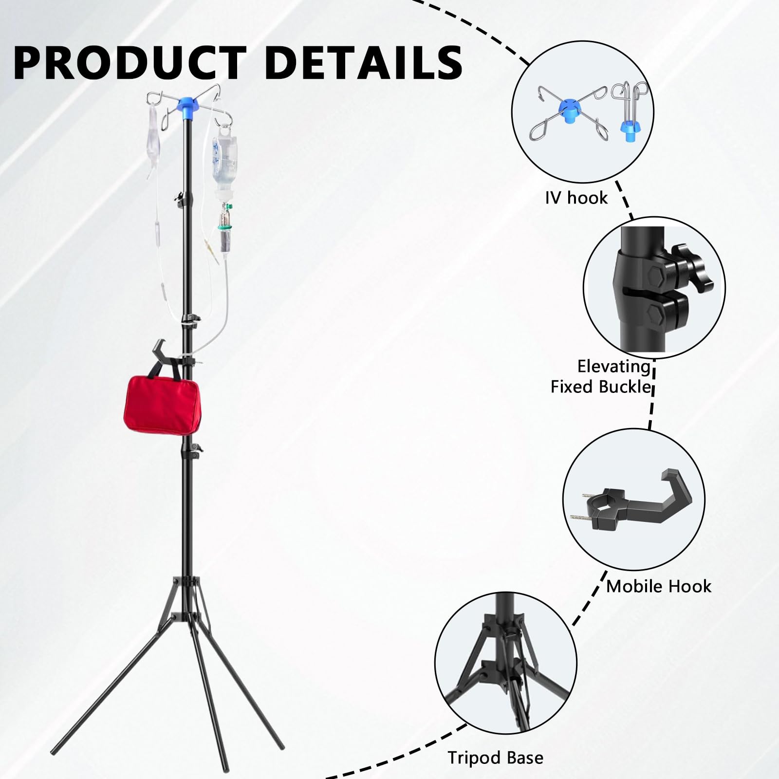 Verstellbarer Infusionsständer mit Haken und Erinnerung, Höhenverstellbar | 90cm-190cmFaltbare IV-Stange, Tragbarer Infusionsständer mit 4 Haken und 3 Netzbeuteln für Krankenhaus & Häusliche Pflege