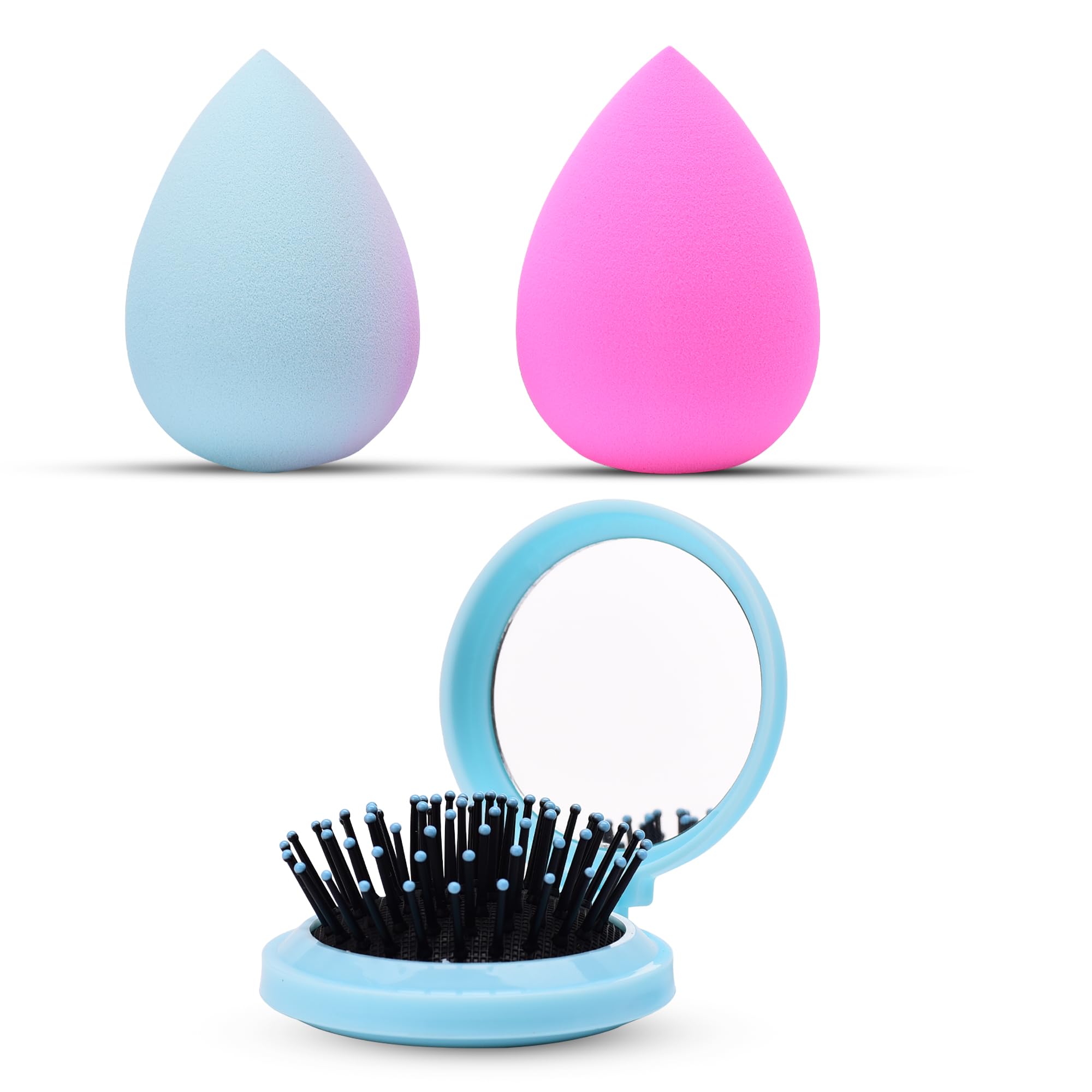 RarePicks Beauty Blender Set & Folding Hair Brush with Mirror | Mini Compact Round Massage Comb for Women & Girls Travel-Friendly Makeup Sponge & Pocket Hair Brush Combo Blue (Set Of 3)