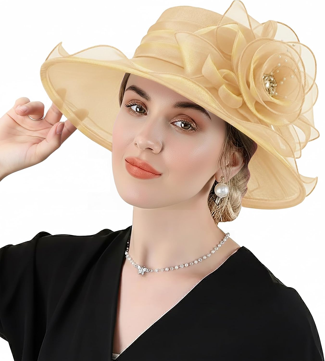 DRESHOW Women Organza Hat Church Cap Hats Clearance Kentucky Derby Cocktail Tea Party Wedding Flower Hat with Wide Brim