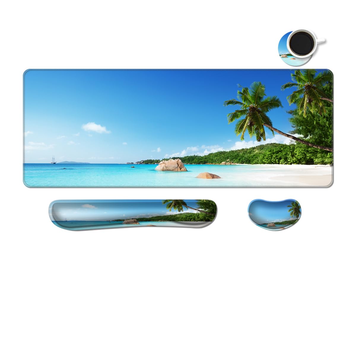 MIBITRI Keyboard Mouse Pad Set, Extended Gaming Mouse Pad+Ergonomics Keyboard Wrist Rest Support, Memory Foam, Easy Typing Pain Relief, 3Pcs XXL Ultra Thick Desk Mat, Beach and Coconut Trees — image 1