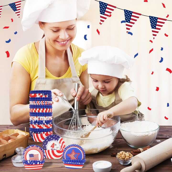 Image of 600 Pack 4th of July Cupcake Liners - Patriotic Red White Blue Baking Cups, Standard Size Muffin Wrappers for Independence Day Party, Cake & Candy Decorations(12 Styles)