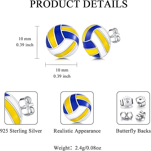 Miniatura 2 de Aretes deportivos de plata de ley para béisbol, fútbol, voleibol, tenis, baloncesto, aretes colgantes de media bola, aretes de atletas, aretes de