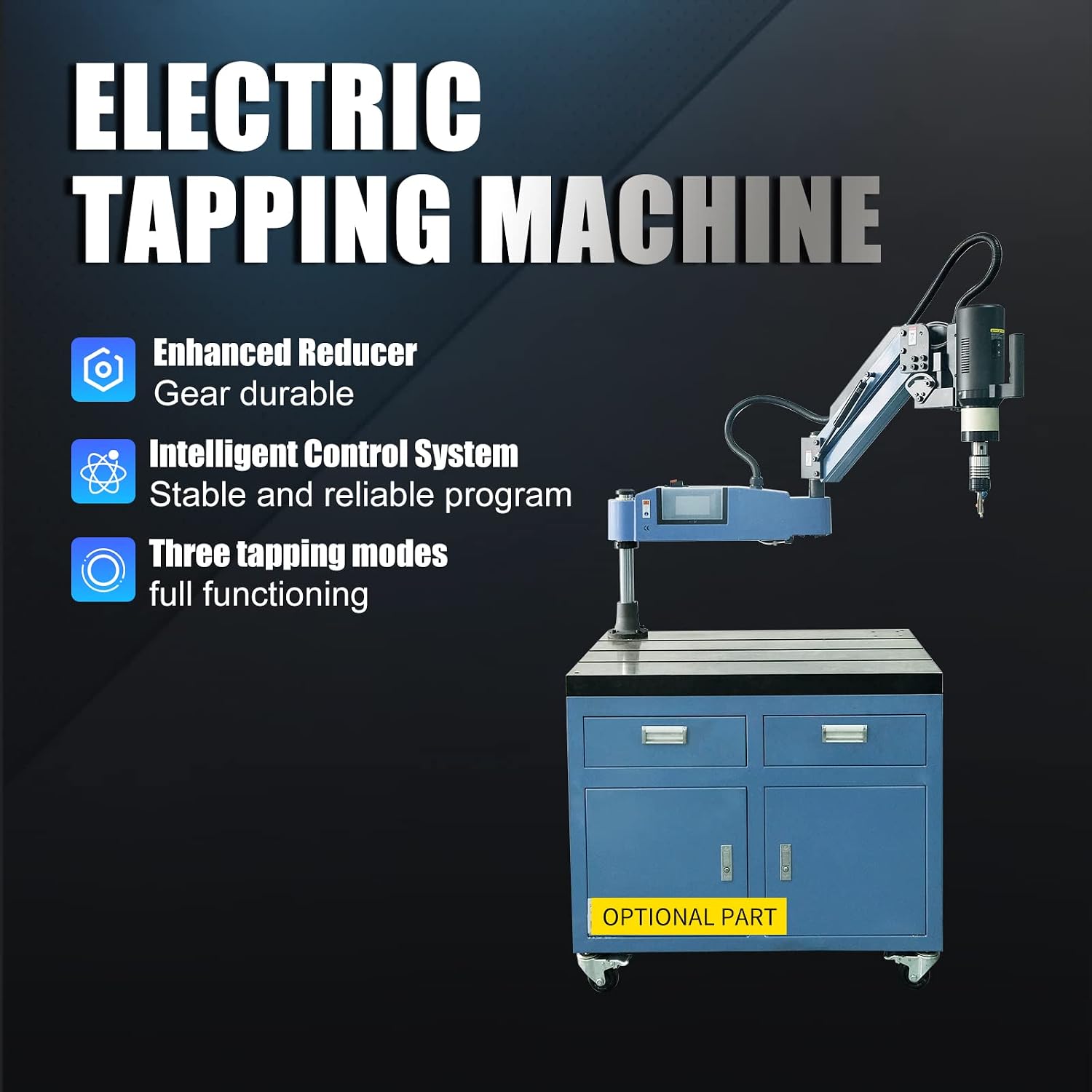 US Stock ZAC 110V Electric Tapping Machine with Auto Oiling Blowing M3-M16 Universal Flexible Tapping Arm 0-375 RPM Portable Tapper for Steel Aluminum Stainless Steel 9PCS GT12 ANSI Collets Included