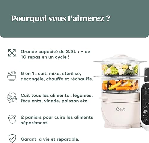 Babymoov Nutribaby(+), 6-in-1 Multifunctional Baby Food Steamer Mixer, Large Capacity 2.2L, Small Baby Pots, Ideal Food Diversification, Mineral Beige - 4
