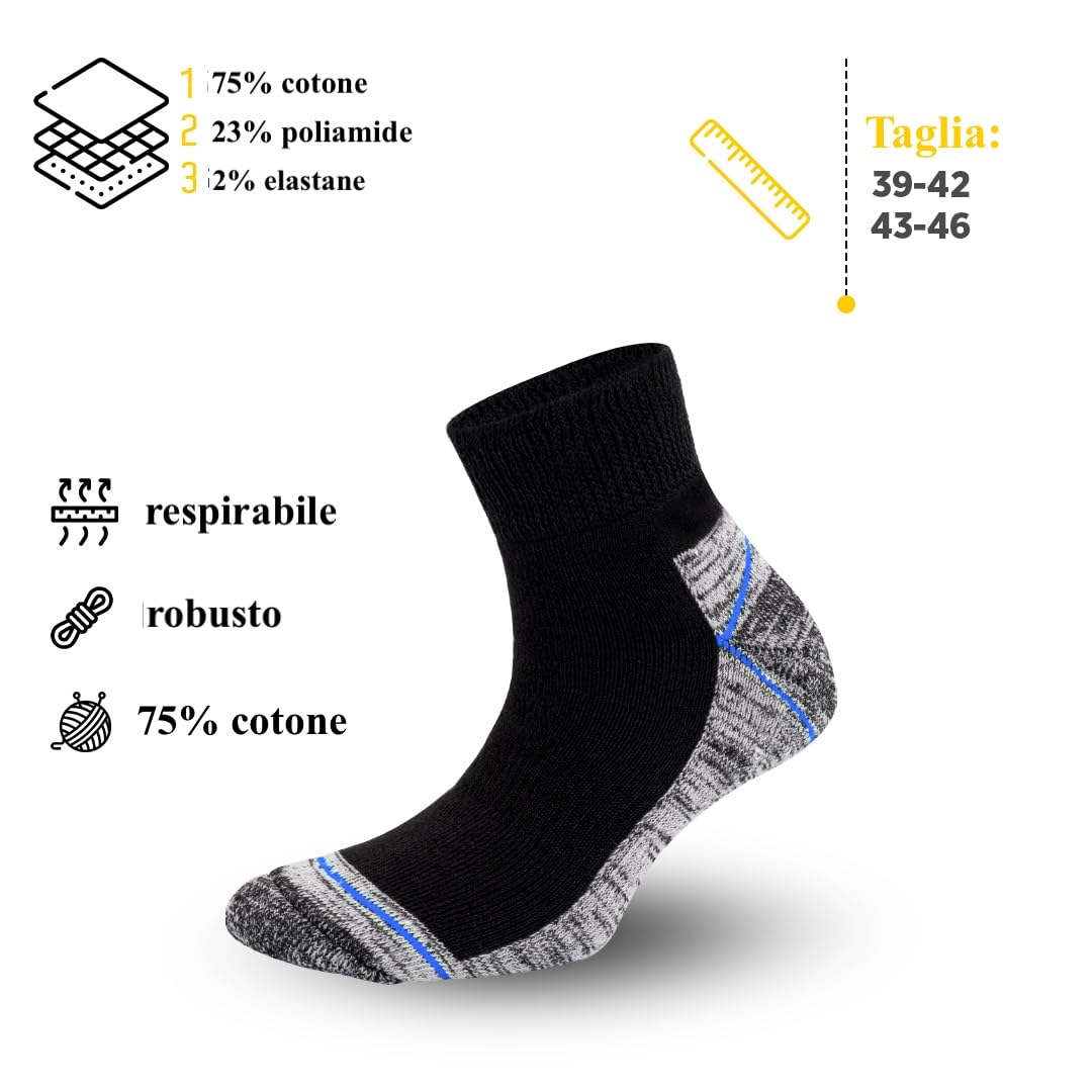 Metrium 6 paia di calzini corti da uomo da lavoro da uomo 39 – 42/43 – 46 calzini da lavoro resistenti e anti-foro. Traspiranti extra forti in spugna.