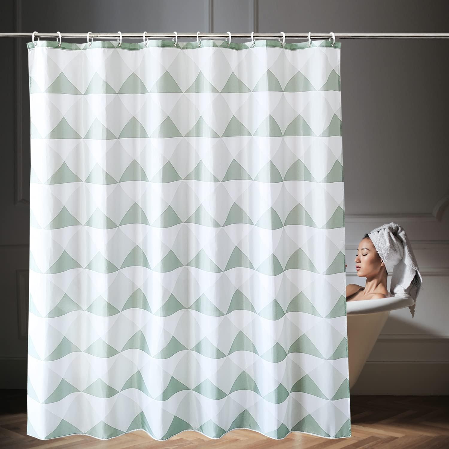 WedDecor Bathroom Shower Curtain Waterproof, Heavy Duty 100% Polyester Fabric Curtains Liner with 12 Curtain Hooks, 180cm x 180cm, Geometric White & Light Green