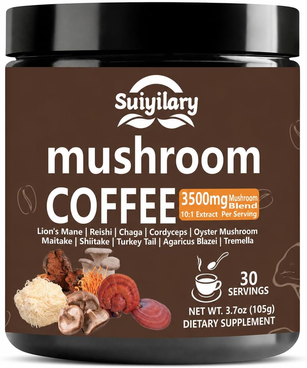 Suiyilary 10 Mushroom Coffee with Arabica w, Lion's Mane, Reishi, Mushroom Polysaccharides & More, Instant Mushrooms Powder for Focus, Immunity Boost, Memory & Clarity - 30 Servings