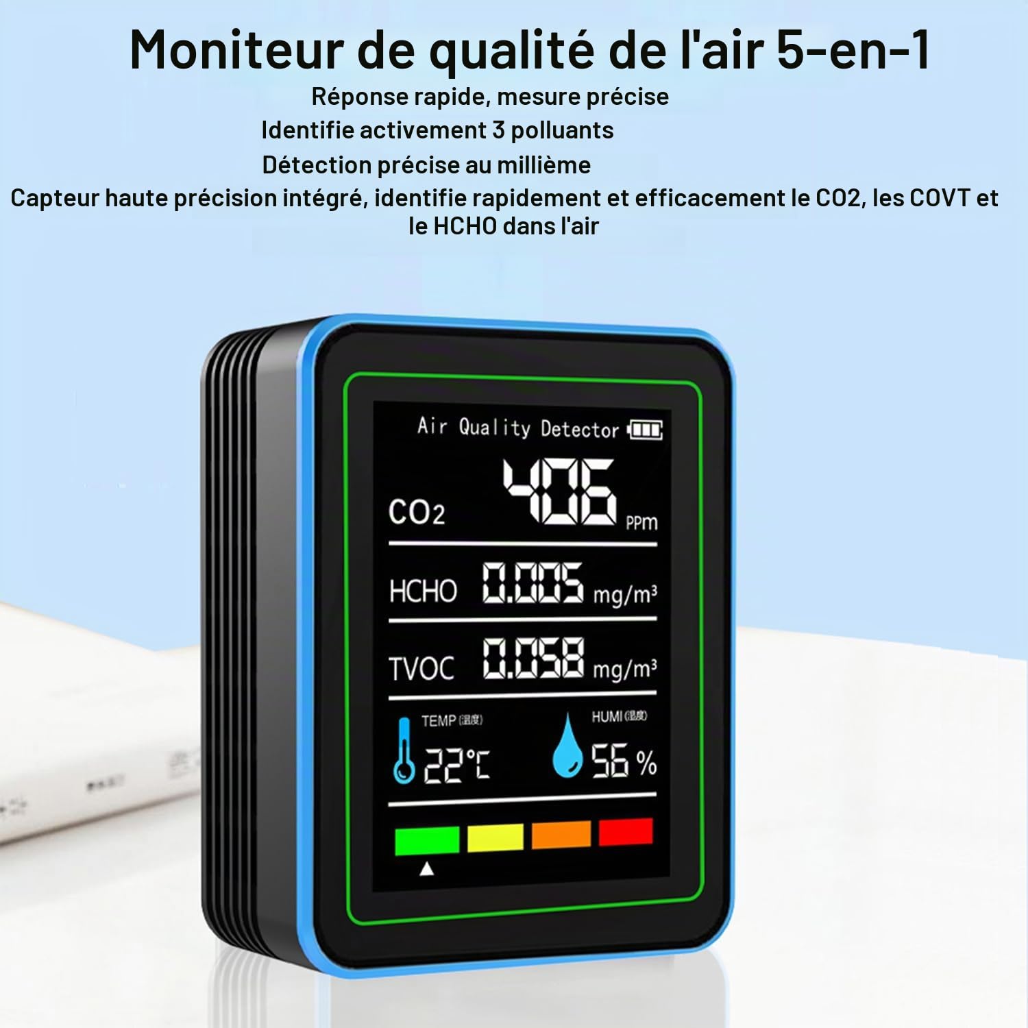 Moniteur de qualité de l'air intérieur : capteur de température et d'humidité avec CO2, TVOC, HCHO, détecteur portable professionnel 5 en 1 pour la maison, le bureau, l'école, l'hôtel