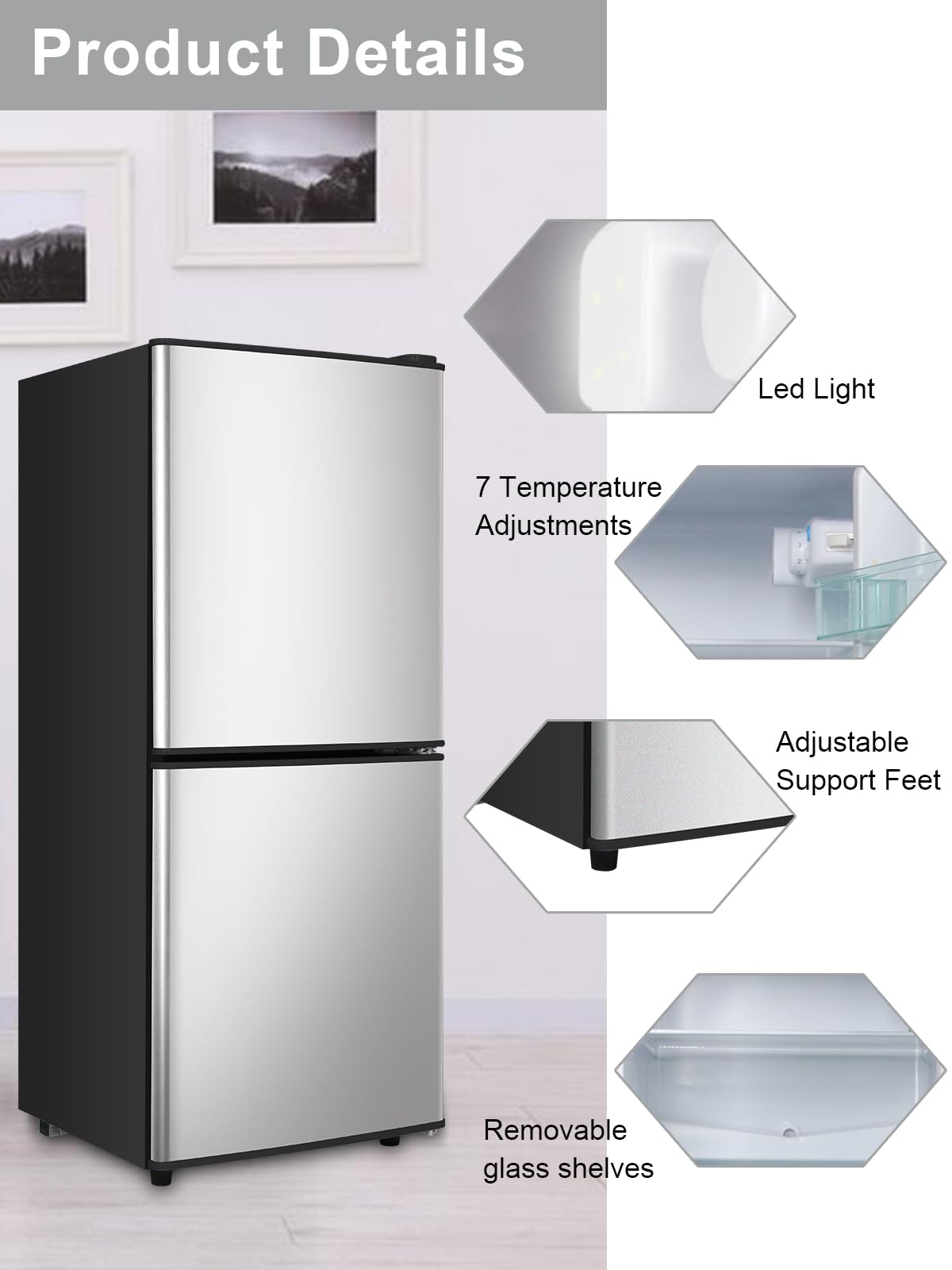 Krib Bling Refrigerator With Freezer 4.0 Cu.Ft With 7 Level Adjustable Thermostat Control 2 Door Bottom Freezer Refrigerator Lock Fresh Energy Saving For Apartment Bedroom Dorm And Office Silver on Fridge.com - View 4