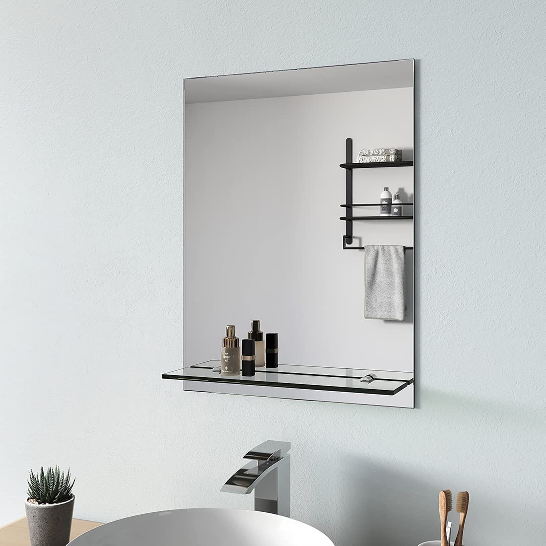 S'AFIELINA Badspiegel mit Ablage 45x60 cm – Wandspiegel Rahmenlos ohne Licht, HD Badezimmerspiegel mit Glasablage, Gäste-WC Kristallspiegel, Wandmontage