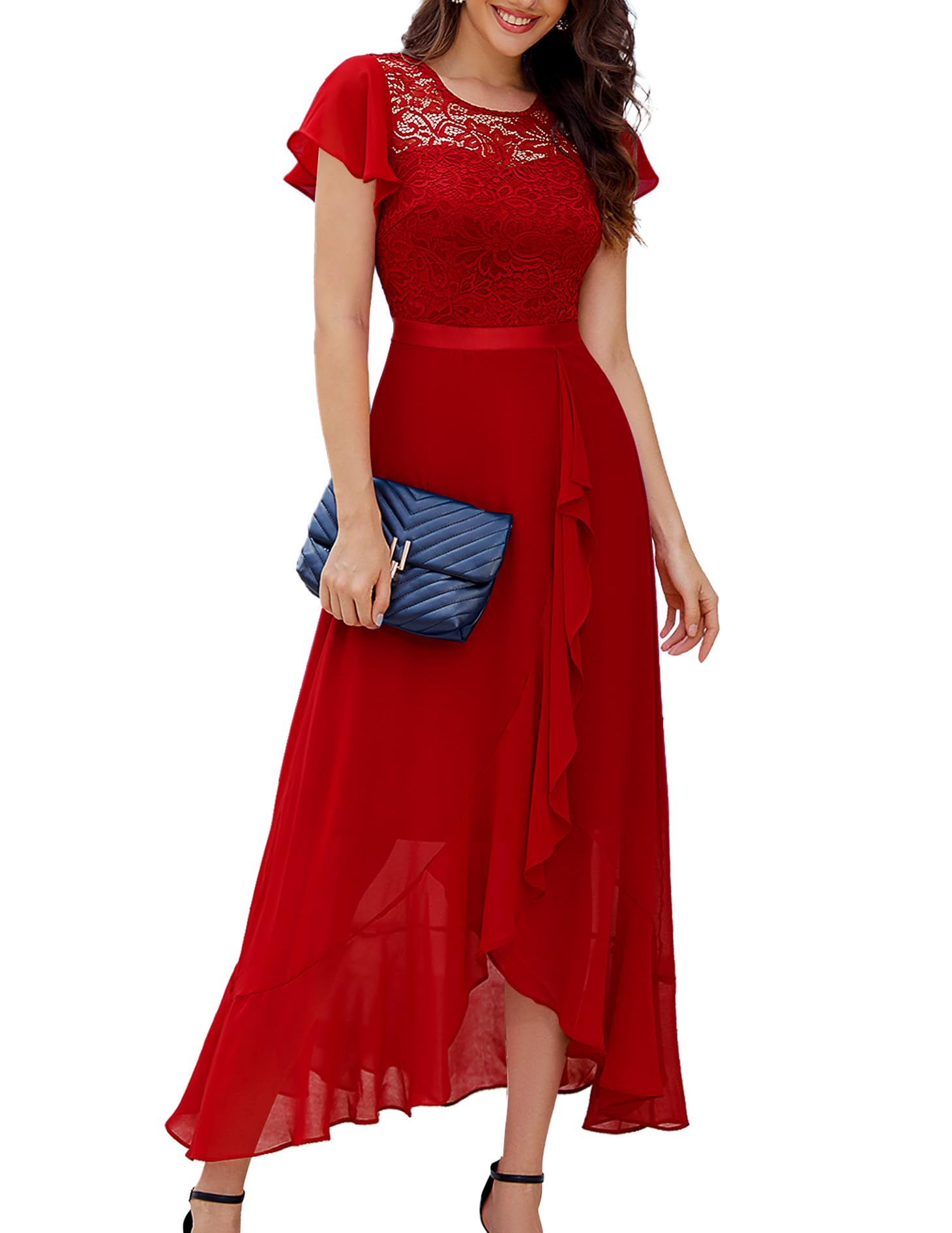 Photo 1 of BeryLove Formal Dresses for Women Wedding Guest Ruffle Short Sleeve Elegant Cocktail Bridesmaid Party Prom Homecoming Dress High Waist Lace Long Evening Gown 51 Red L