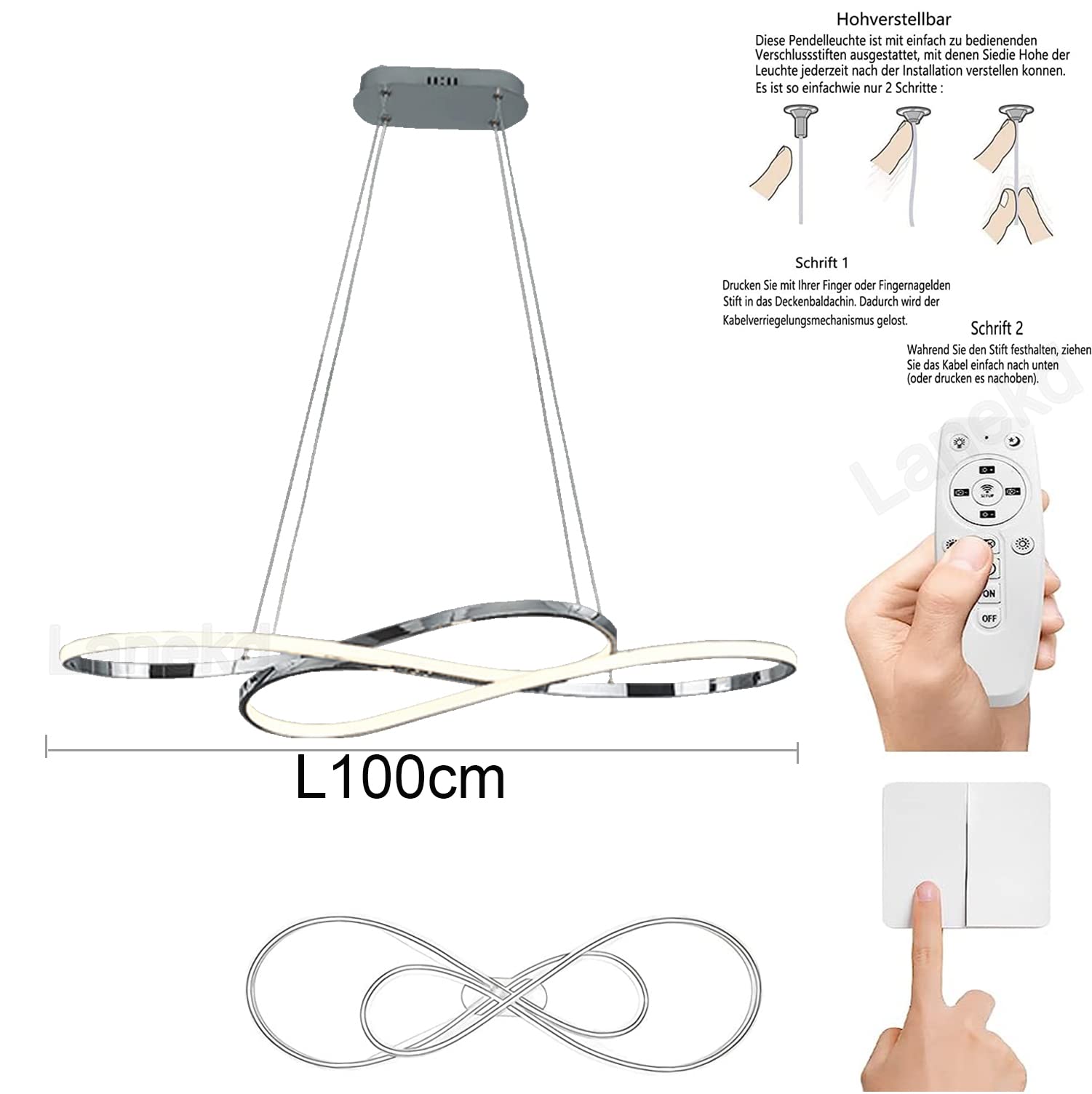 LED Lampadario soggiorno a sospensione, L100cm 48W Lampada a Tavolo da Pranzo Cucina Lampadari Moderna Regolabile Altezza Lampada a Sospensione Ufficio Bagno Sala Soffitto Lampade 6500K luce bianca