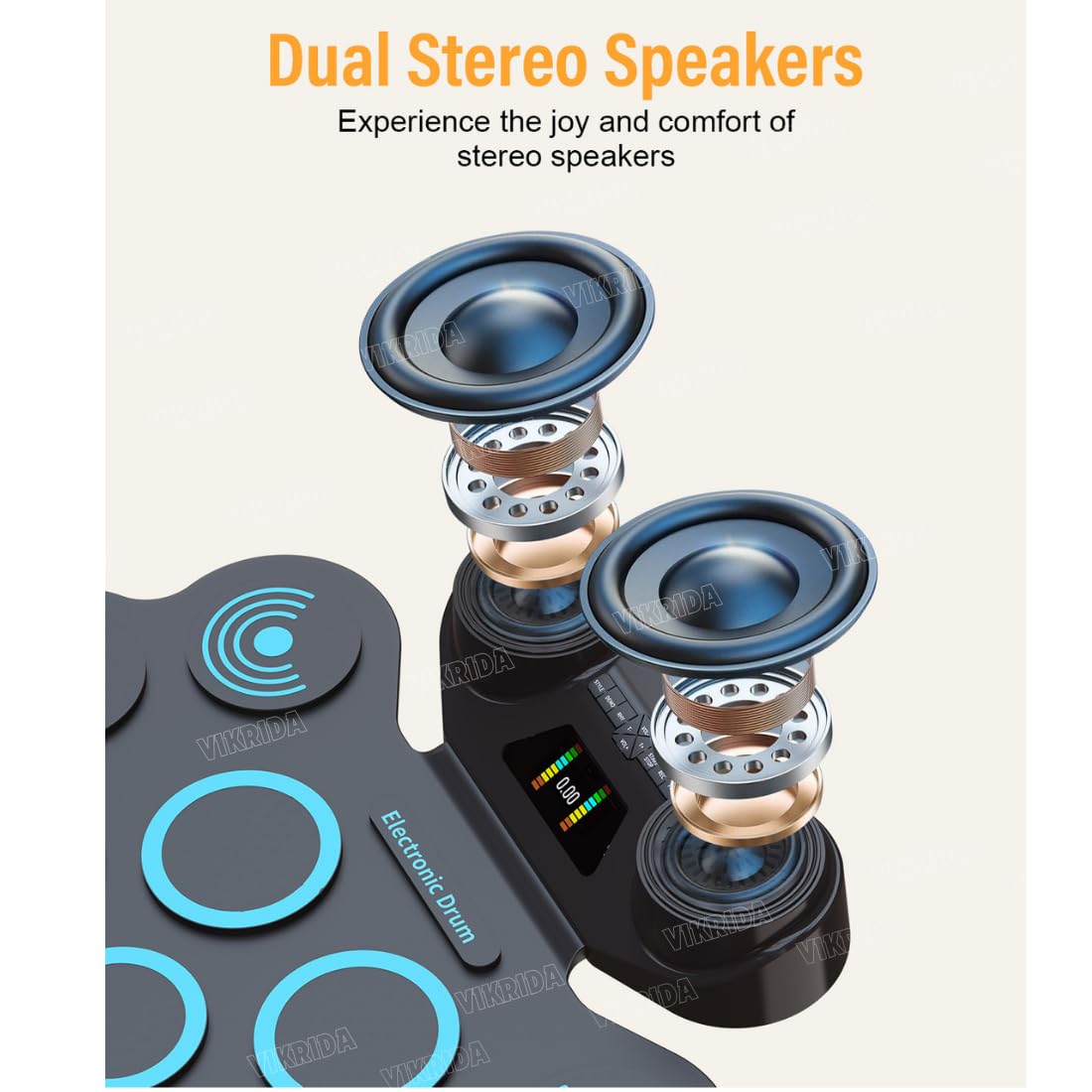 VikriDA Electronic Drum Pad Set | Foldable Roll-Up Digital Drum Kit with Bluetooth MIDI Support, Built-in Stereo Speakers & Drumsticks 1