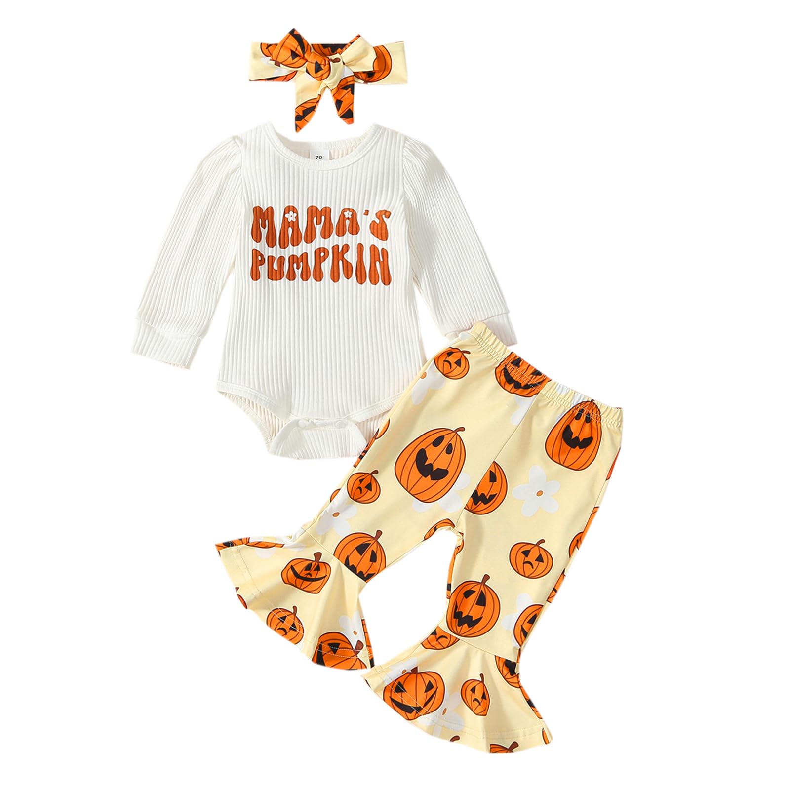 SejardinNewborn Baby Girl Halloween Clothes Pumpkin Print Long Sleeve Romper Bell Bottoms Toddler Girl 1st Halloween Outfit