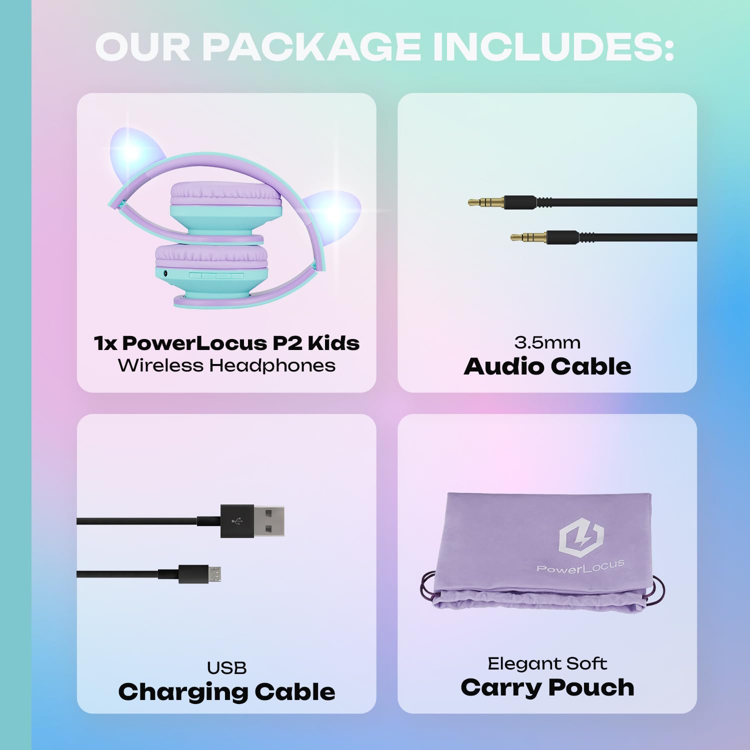 PowerLocus Dziecięce słuchawki douszne, Bluetooth z ograniczeniem głośności 85 dB, składane, z torbą do noszenia, bezprzewodowe słuchawki nauszne i kabel z mikrofonem, trybem micro SD do telefonu