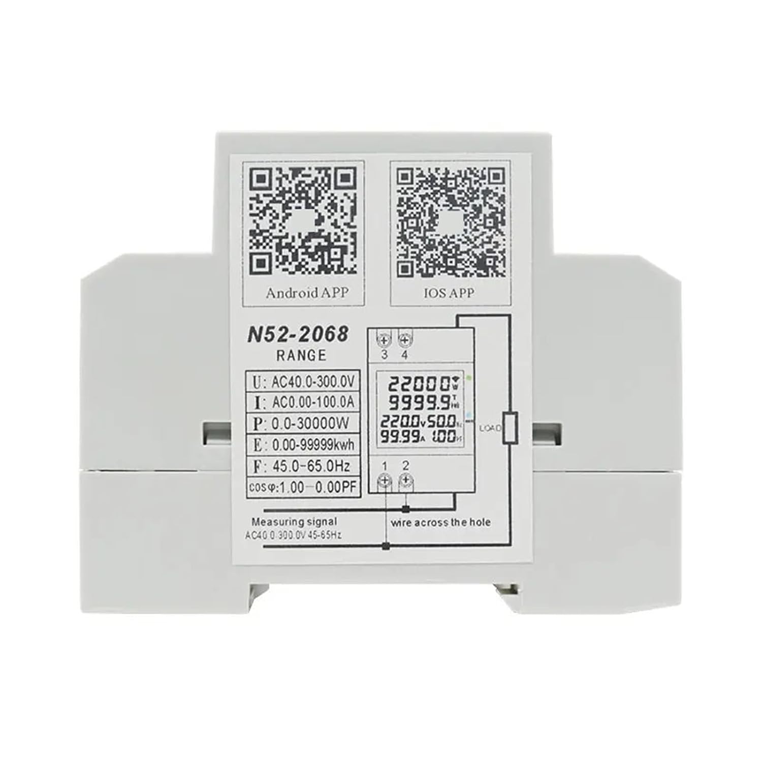 Rear view of the SOSODBBM N52-2068 Smart Energy Power Meter showing wiring terminals and QR codes