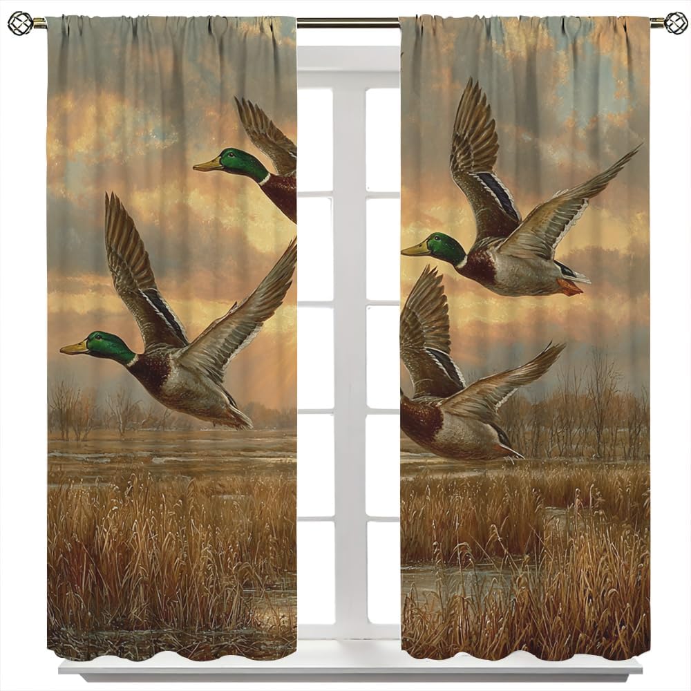 Flying Wild Ducks Blackout Curtains - Vintage Country Rustic Sunset Birds Print Window Drapes, Thermal Insulated Darkening Rod Pocket Curtain for Bedroom Living Room, 2 Panels, Each 21 W x 45 L inch